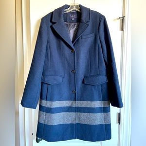 Lands’ End wool blend coat, size 16, navy with gray stripe
